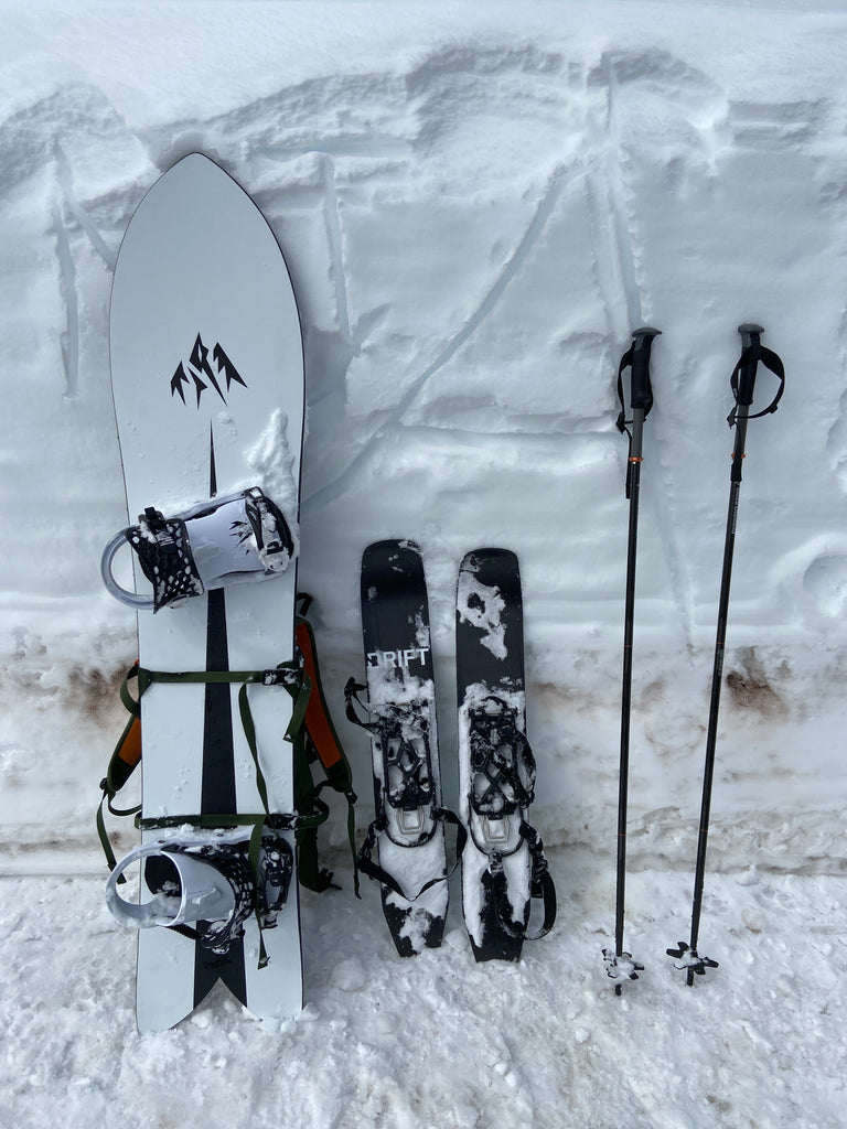 storm chaser and drift boards chilling in snow